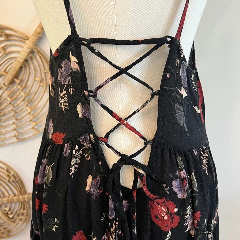 Free People‎ Black Rayon Circle of Flowers Tiered Ruffle Mini Dress Fairycore S